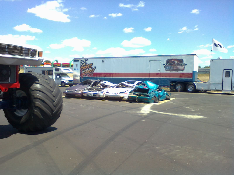 Rides in the bed of the front-engined Shell-Camino consisted of sharp turns dancing around this island of mashed cars